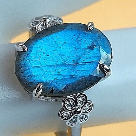 Natural Labradorite & CZ 925 Sterling Silver Ring Sz 6.75 - Picture 2 of 6